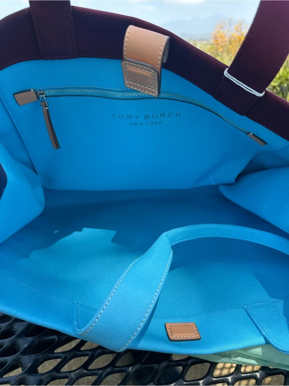 Tory Burch Turquoise Canvas Logo Tote with Navy Emblem
